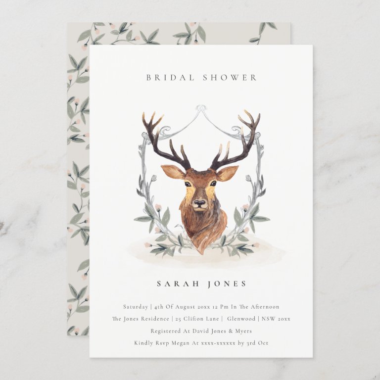 Elegant Deer Floral Crest Bridal Shower Invite