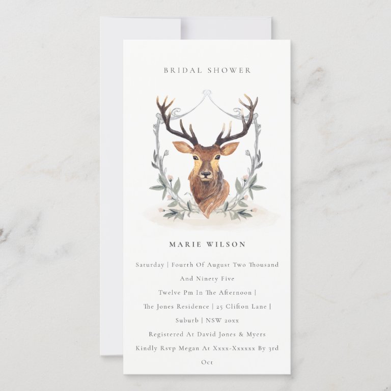 Elegant Deer Floral Crest Bridal Shower Invite