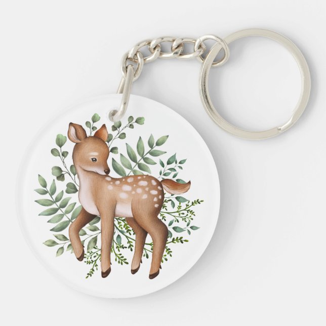 Elegant Deer Forest Woodland Greenery Leaves Keychain (Back)