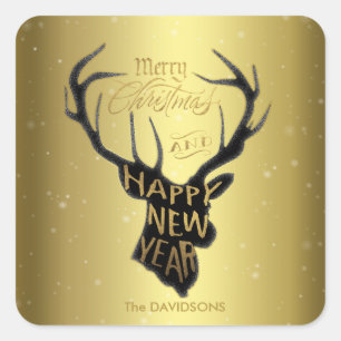 Elegant Deer Gold Foil Holiday Wishes Typography Square Sticker