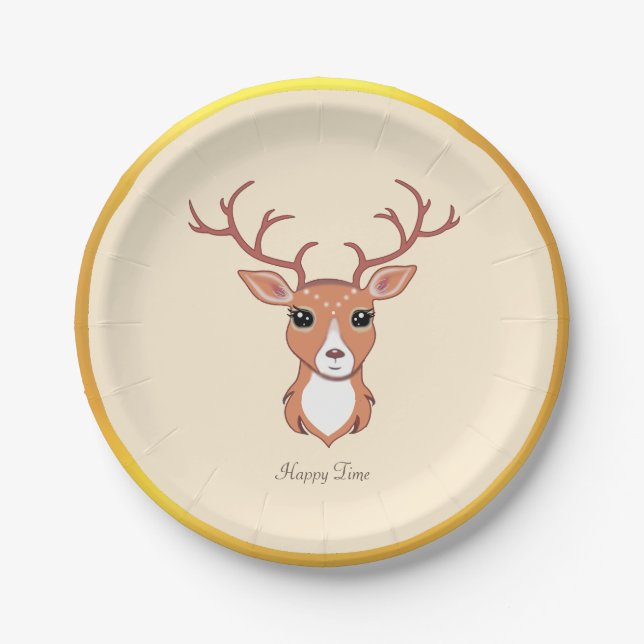 Elegant Deer, Golden Frame on Light Beige Paper Plates (Front)