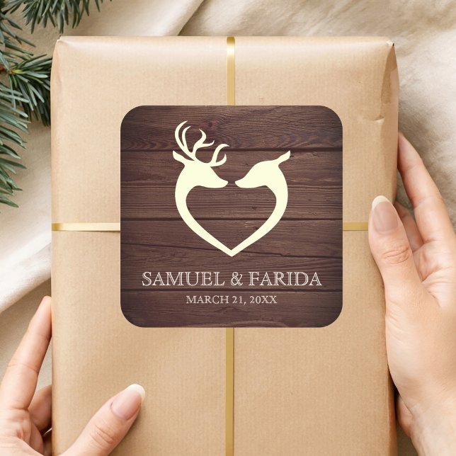 Elegant Deer Heart Rustic Wood Wedding Favor Square Sticker (Creator Uploaded)