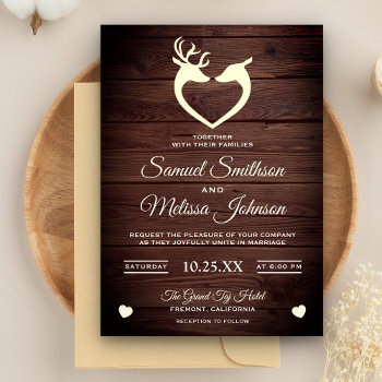 Elegant Deer Heart Rustic Wood Wedding Invitation by ShabzDesigns at Zazzle