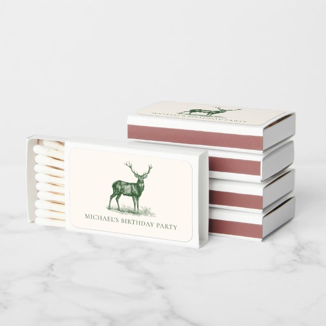 Elegant Deer Hunting Green Birthday Party Matchboxes (Stacked)