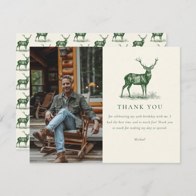 Elegant Deer Hunting Green Birthday Thank You Card (Front/Back)