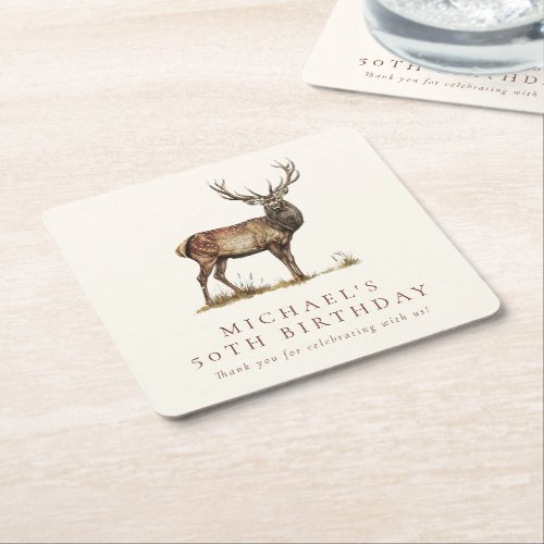 Elegant Deer Hunting Stag Adult Birthday Party Square Paper Coaster