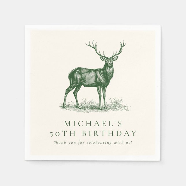 Elegant Deer Hunting Stag Green Birthday Party Napkins (Front)