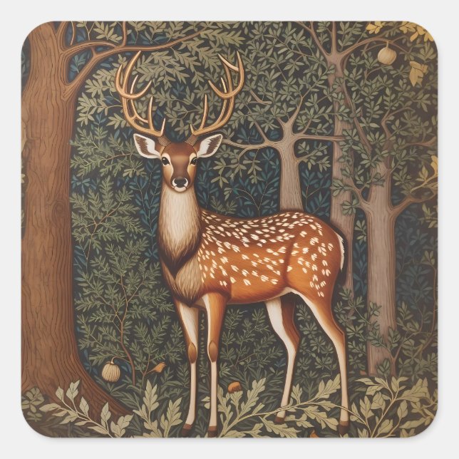 Elegant Deer In Oak Tree Forest Square Sticker (Front)