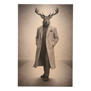 Elegant Deer in Tailored Coat Portrait Wood Wall Art
