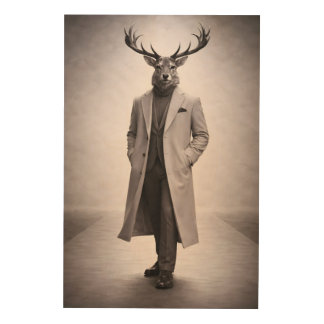 Elegant Deer in Tailored Coat Portrait Wood Wall Art