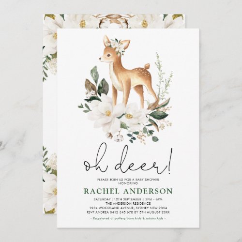 Elegant Deer Ivory Floral Greenery Baby Shower Invitation