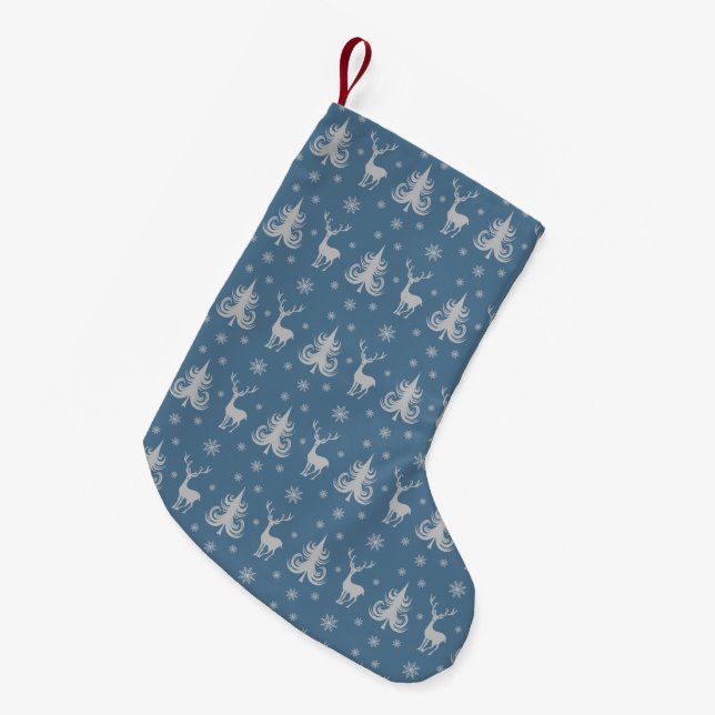 Elegant Deer Pattern Blue Small Christmas Stocking (Front (Hanging))