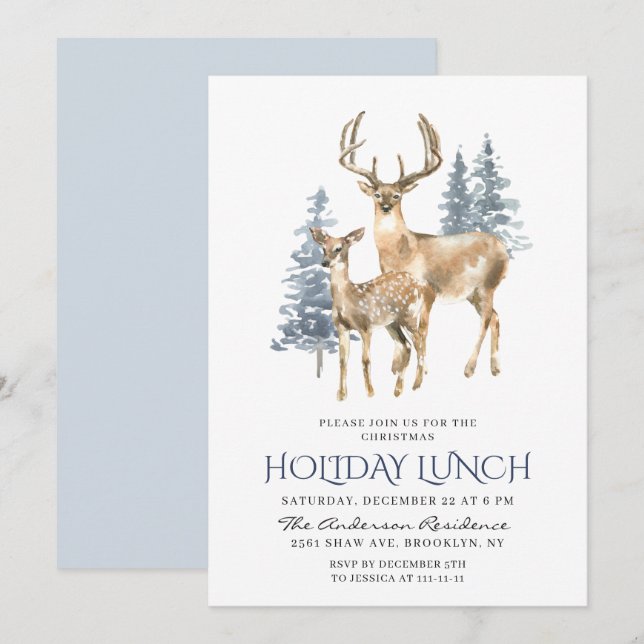 Elegant Deer Pine Tree Christmas Holiday Lunch Invitation (Front/Back)