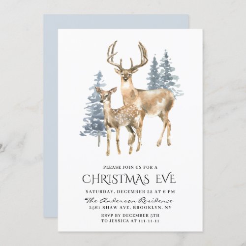 Elegant Deer Pine Tree Holiday Christmas Eve Invitation