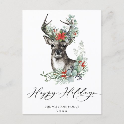 Elegant Deer Poinsettia Christmas Greeting Holiday Postcard