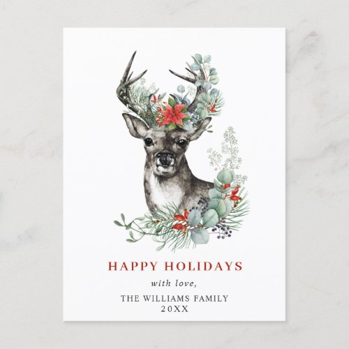 Elegant Deer Poinsettia Christmas Greeting Holiday Postcard