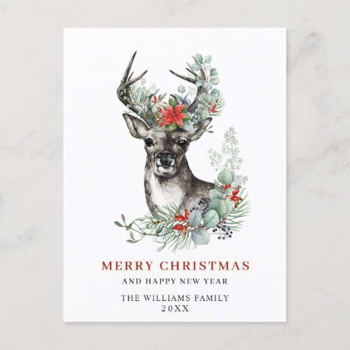 Elegant Deer Poinsettia Christmas Greeting Holiday Postcard