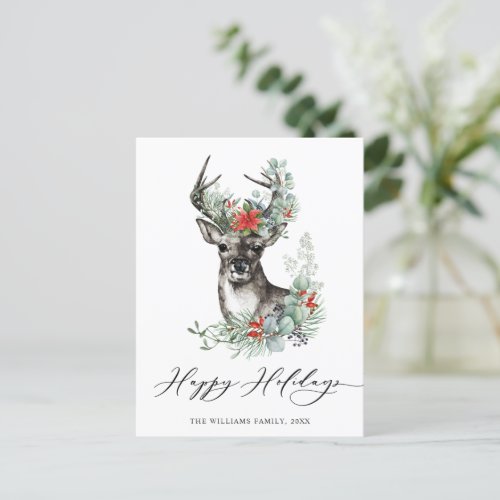 Elegant Deer Poinsettia Christmas Greeting Holiday Postcard