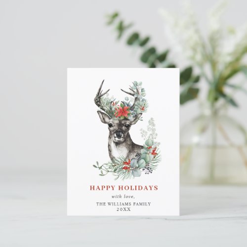 Elegant Deer Poinsettia Christmas Greeting Holiday Postcard