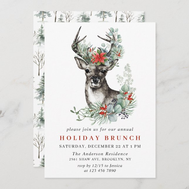 Elegant Deer Poinsettia CHRISTMAS HOLIDAY BRUNCH Invitation (Front/Back)