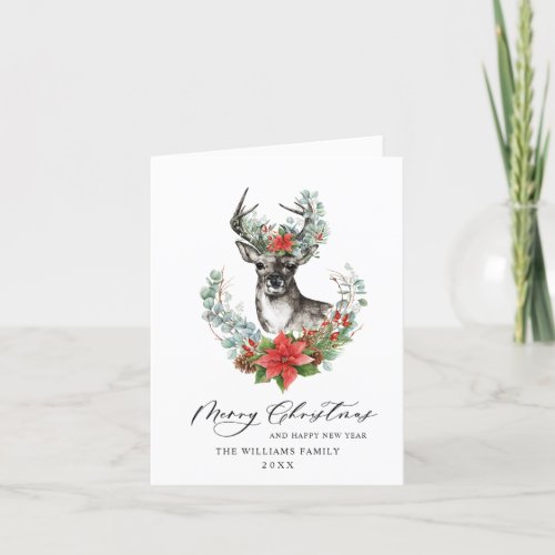 Elegant Deer Poinsettia Merry Christmas Greeting Holiday Card