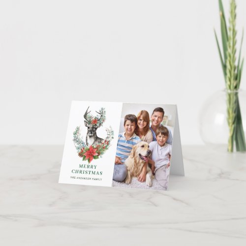 Elegant Deer Poinsettia Merry Christmas Greeting Holiday Card