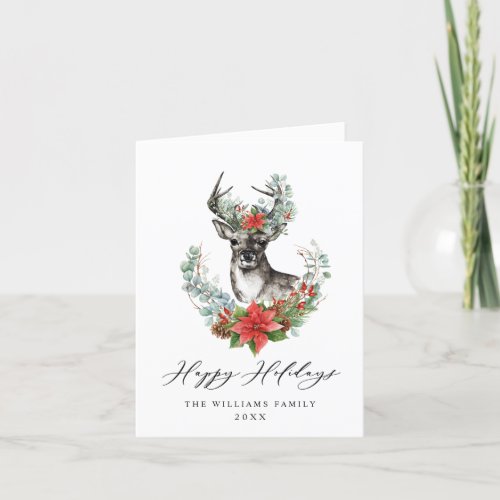 Elegant Deer Poinsettia Merry Christmas Greeting Holiday Card