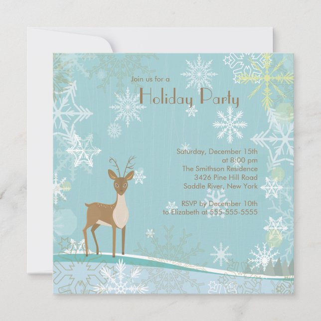 Elegant Deer Snowflakes Holiday Party Invitation (Front)