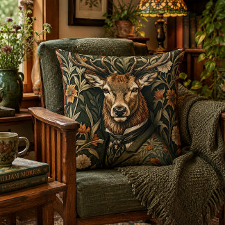 Elegant Deer Stag Victorian Woodland Gentleman Throw Pillow