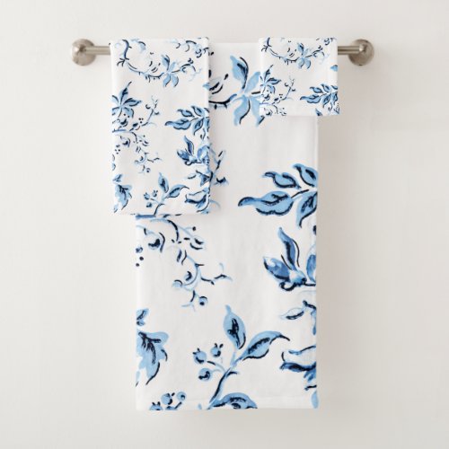 Elegant Delft Blue and White Floral Bath Towel Set