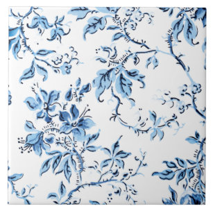Elegant Delft Blue and White Floral Ceramic Tile