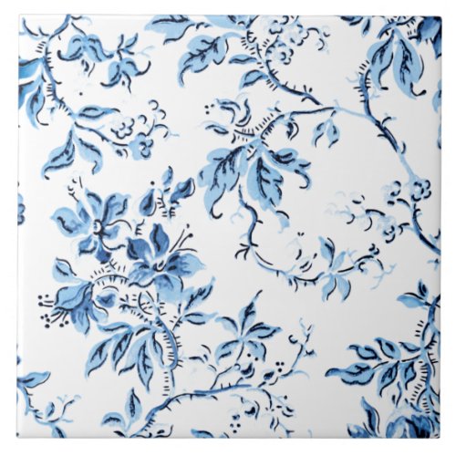 Elegant Delft Blue and White Floral Ceramic Tile