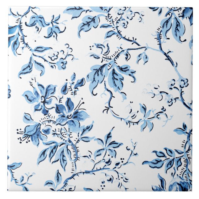 Elegant Delft Blue and White Floral Ceramic Tile (Front)