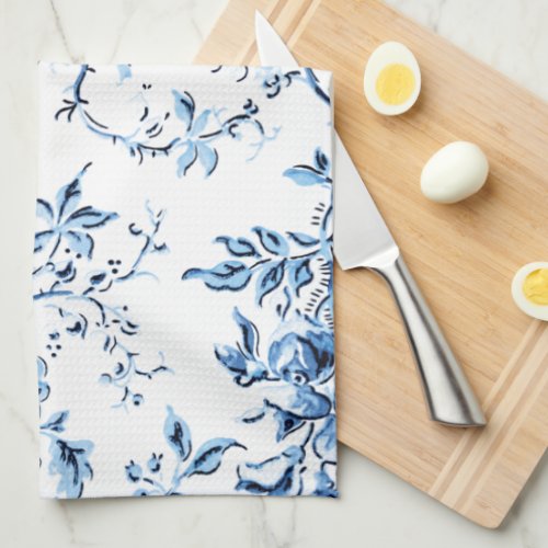 Elegant Delft Blue and White Floral Kitchen Towel