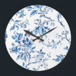 Elegant Delft Blue and White Floral Large Clock<br><div class="desc">Elegantly drawn classic and clean floral featuring delicate Delft blue vines,  flowers and curving branches on white background.</div>