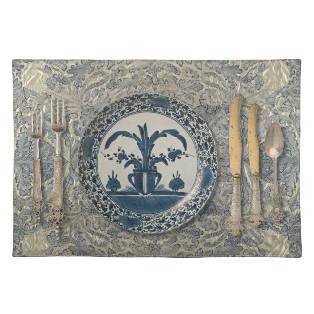 Elegant Delft Blue Fabric Placemat (Front)
