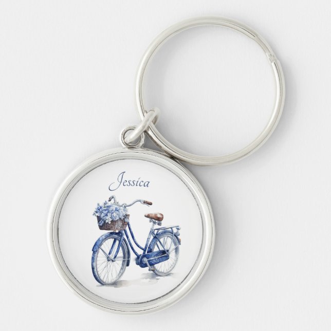 Elegant Delft Blue Floral Bicycle Personalized Art Keychain (Front)