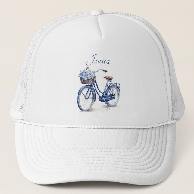Elegant Delft Blue Floral Bicycle Personalized Art Trucker Hat (Front)