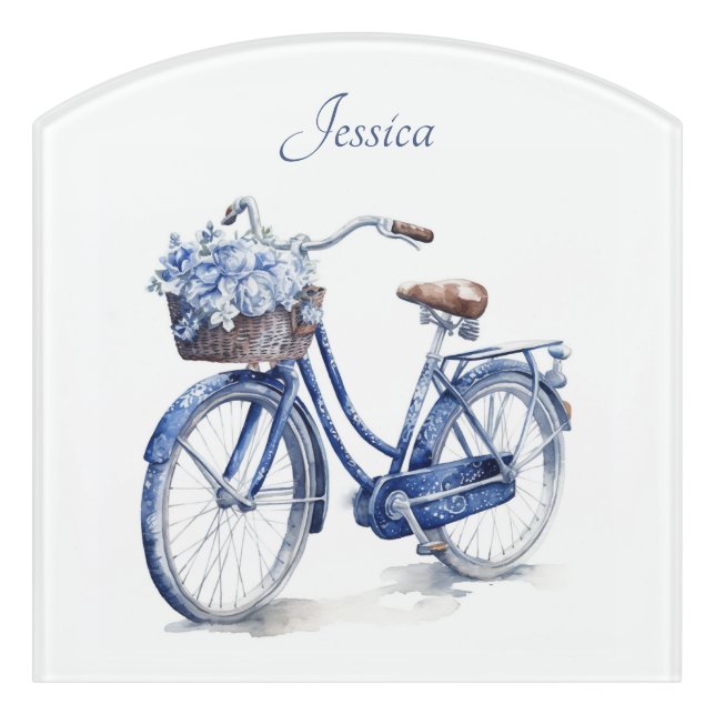Elegant Delft Blue Floral Bicycle Personalized Door Sign (Contour Front)