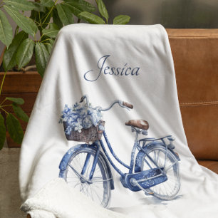 Elegant Delft Blue Floral Bicycle Personalized Fleece Blanket