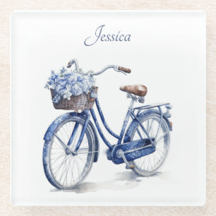 Elegant Delft Blue Floral Bicycle Personalized Glass Coaster