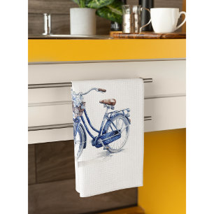 Elegant Delft Blue Floral Bicycle Personalized Kitchen Towel