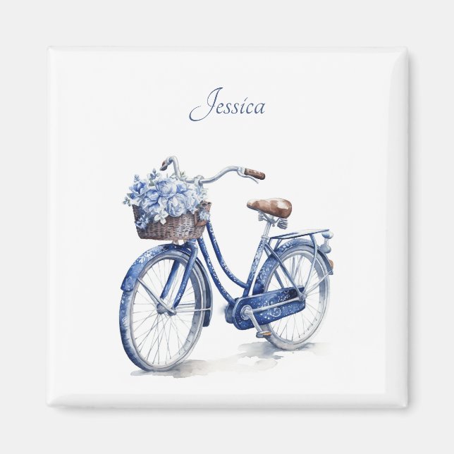 Elegant Delft Blue Floral Bicycle Personalized Magnet (Front)