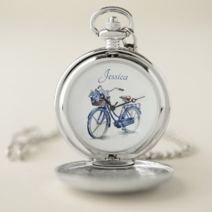 Elegant Delft Blue Floral Bicycle Personalized Pocket Watch