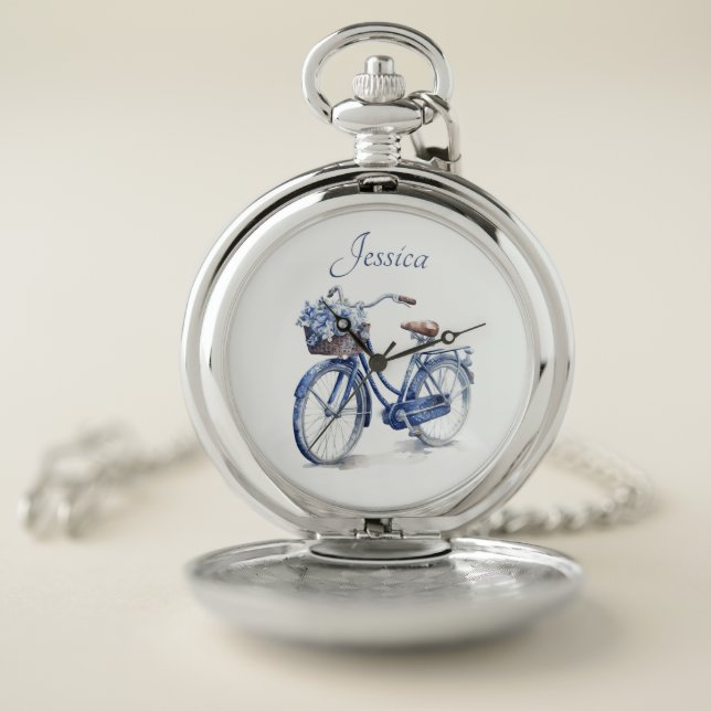 Elegant Delft Blue Floral Bicycle Personalized Pocket Watch (Inside)