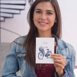 Elegant Delft Blue Floral Bicycle Personalized Postcard