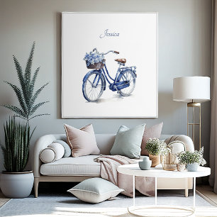 Elegant Delft Blue Floral Bicycle Personalized Poster