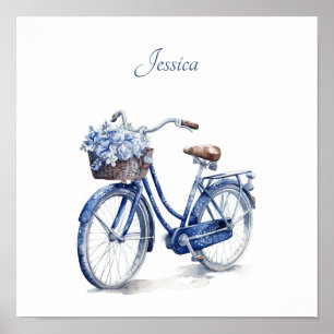 Elegant Delft Blue Floral Bicycle Personalized Poster