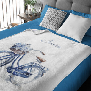 Elegant Delft Blue Floral Bicycle Personalized Sherpa Blanket