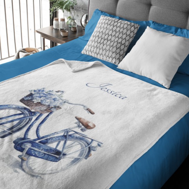 Elegant Delft Blue Floral Bicycle Personalized Sherpa Blanket (Creator Uploaded)